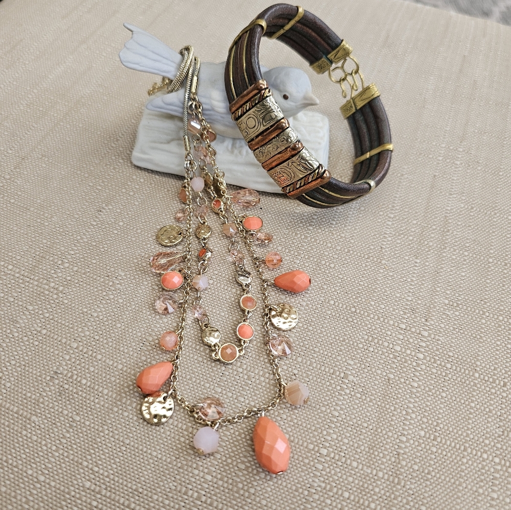 SET! Nine West Tiered Jeweled Necklace with Leather Cuff Bracelet  SET!